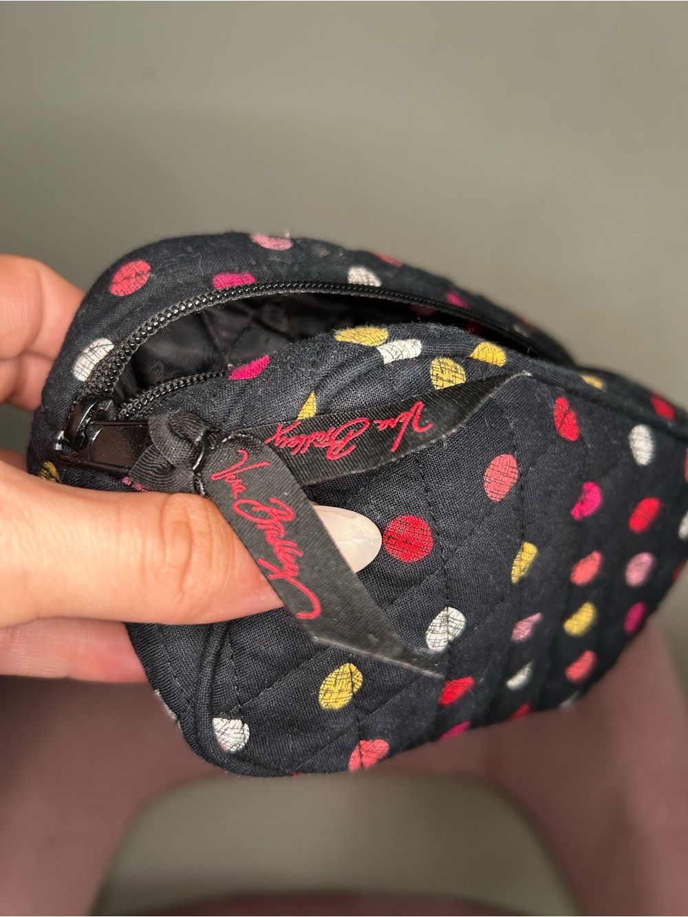 Vera Bradley Black Quilted Dot Wristlet with Multicolor Polka Dots